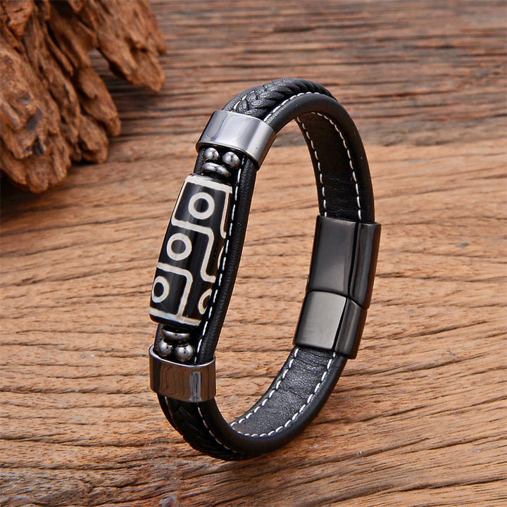 Armband mit Lederschnalle und Buddha Stones, tibetische Neun-Augen-Dzi-Perle - Schwarz - 18-22 cm - image 1