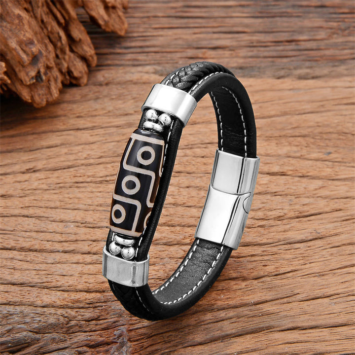 Armband mit Lederschnalle und Buddha Stones, tibetische Neun-Augen-Dzi-Perle - Silber - 18-22 cm - image 4