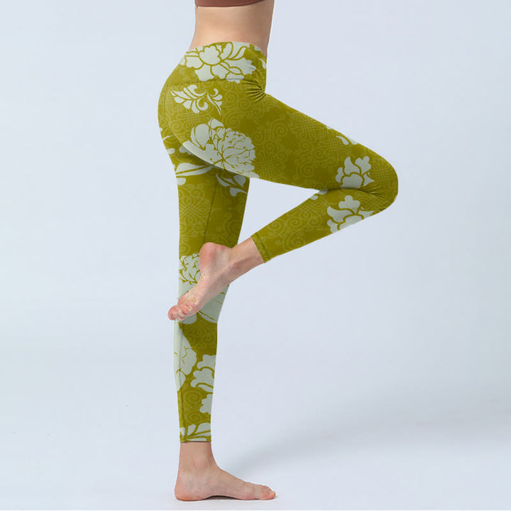 Buddha Stones Monochrome Blumen Print Gym Leggings Damen Yogahose