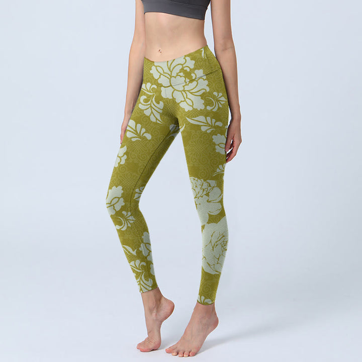 Buddha Stones Monochrome Blumen Print Gym Leggings Damen Yogahose - Gelbgrün - US18, UK/AU22, EU50 (4XL) - image 0