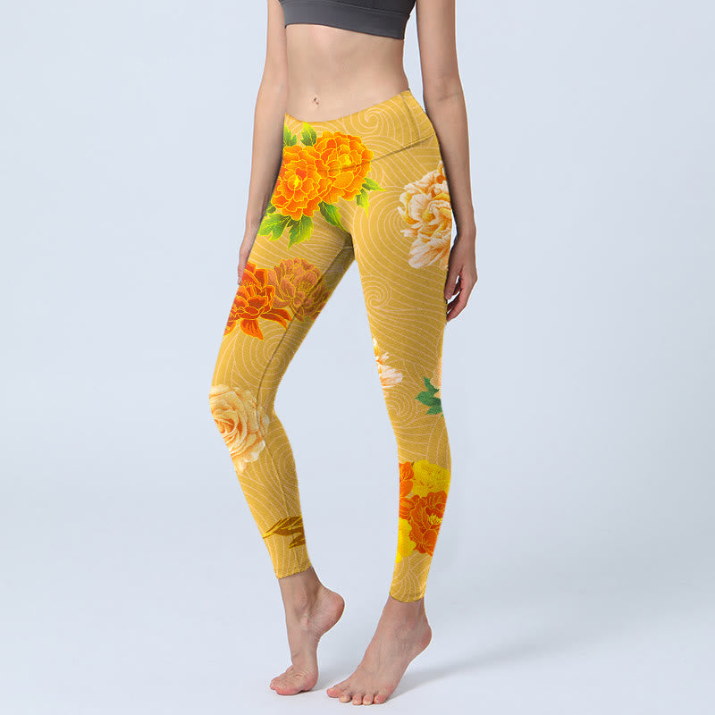 Buddha Stones Leuchtende Rosenblüten Druck Gym Leggings Damen Yoga Hose - Gold - US18， UK/AU22，EU50 (4XL) - image 1