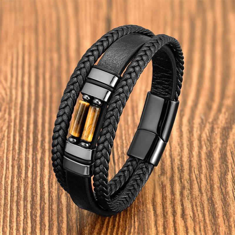 Buddha Stones Tigerauge Lazurit Hämatit Bildjaspis Schwarzer Onyx Stärke Mehrschichtiges Lederarmband - Tigerauge - 18-22 cm - image 1