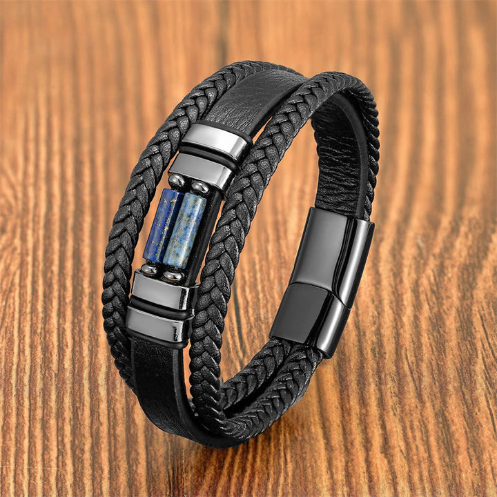 Buddha Stones Tigerauge Lazurit Hämatit Bildjaspis Schwarzer Onyx Stärke Mehrschichtiges Lederarmband - Lapislazuli - 18-22 cm - image 5