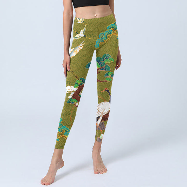 Yoga-Leggings für Damen mit Buddha Stones , fliegenden Kranichen, glückverheißenden Wolken und Bäumen im Print