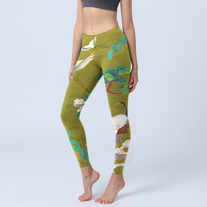 Yoga-Leggings für Damen mit Buddha Stones , fliegenden Kranichen, glückverheißenden Wolken und Bäumen im Print