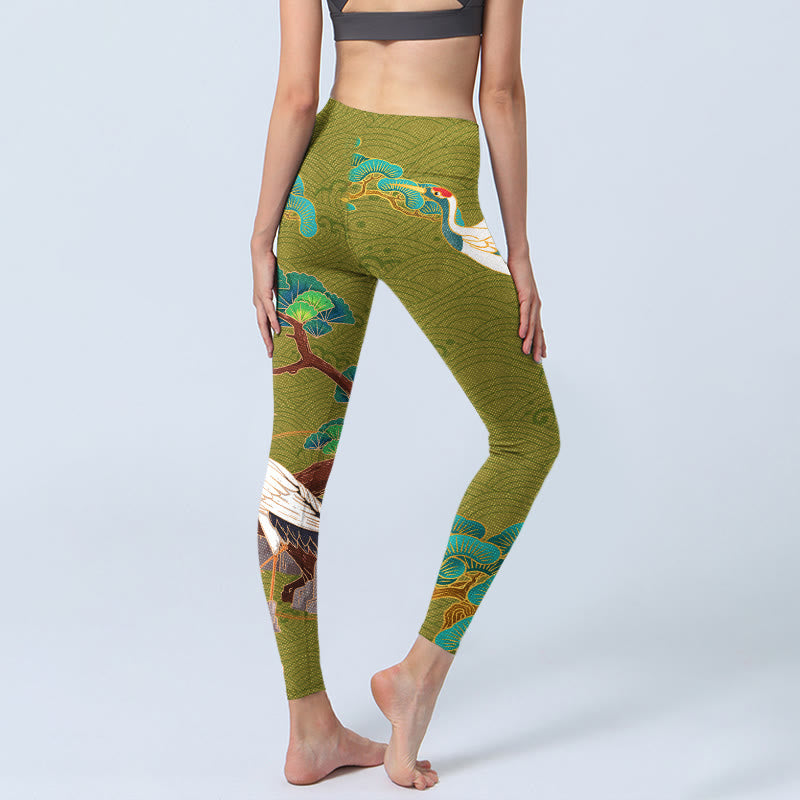 Yoga-Leggings für Damen mit Buddha Stones , fliegenden Kranichen, glückverheißenden Wolken und Bäumen im Print