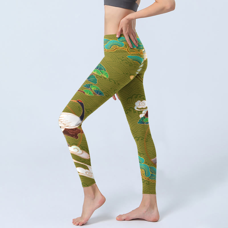 Yoga-Leggings für Damen mit Buddha Stones , fliegenden Kranichen, glückverheißenden Wolken und Bäumen im Print