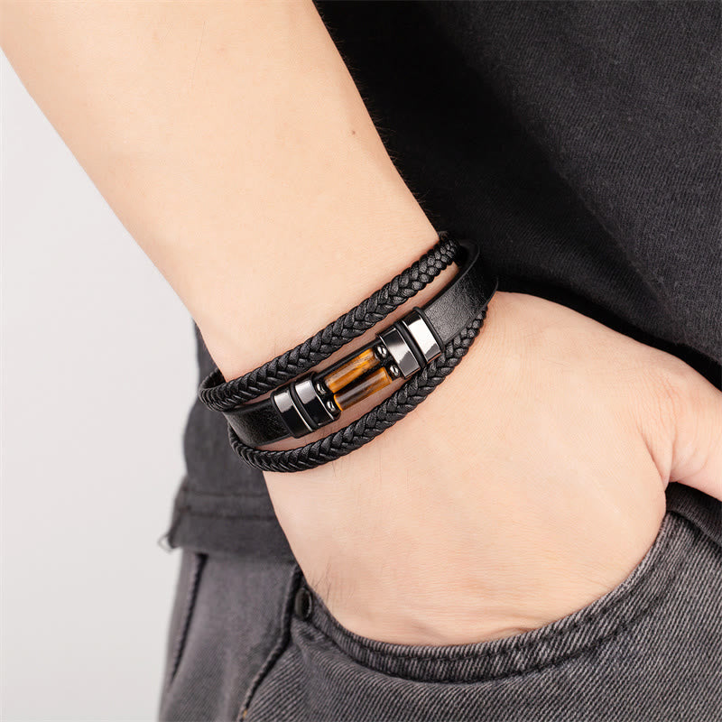 Buddha Stones Tigerauge Lazurit Hämatit Bildjaspis Schwarzer Onyx Stärke Mehrschichtiges Lederarmband