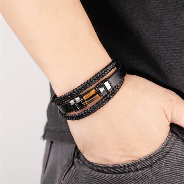 Buddha Stones Tigerauge Lazurit Hämatit Bildjaspis Schwarzer Onyx Stärke Mehrschichtiges Lederarmband - image 2