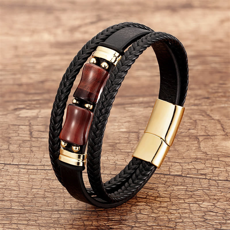 Buddha Stones Tigerauge Bambusstein Integrität Mut Mehrschichtiges Lederarmband - Braun-Rotes Tigerauge - 18-22 cm - image 5