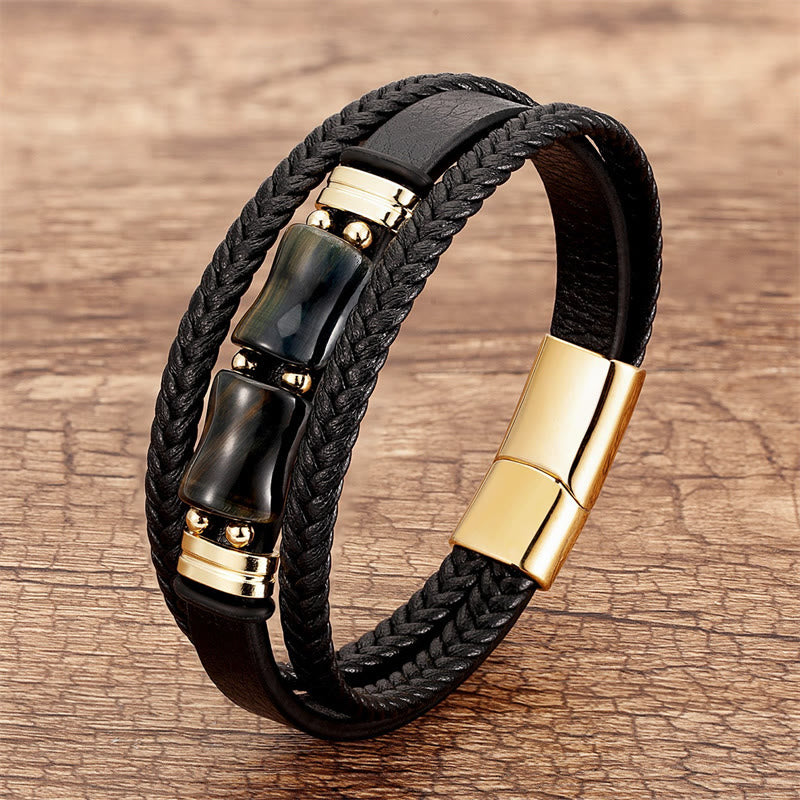 Buddha Stones Tigerauge Bambusstein Integrität Mut Mehrschichtiges Lederarmband - Schwarz-Gelbes Tigerauge - 18-22 cm - image 7