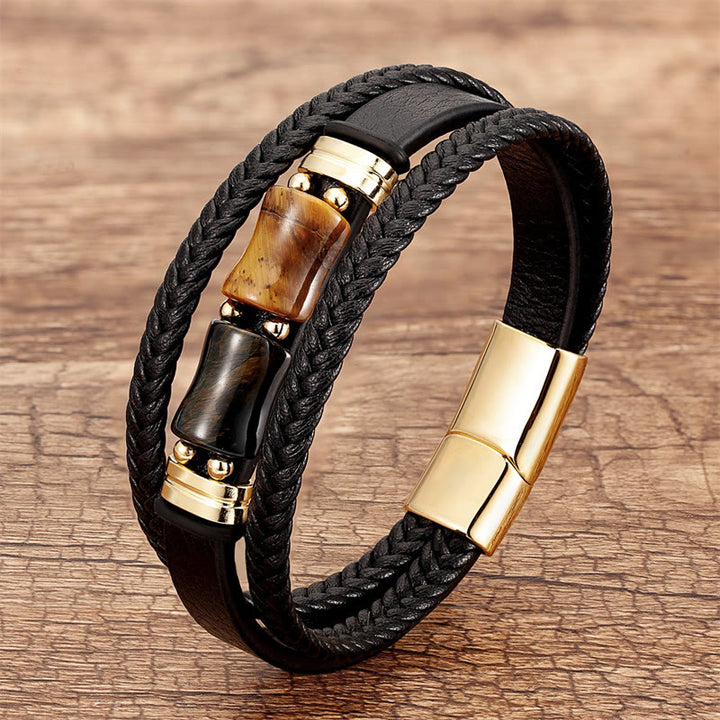 Buddha Stones Tigerauge Bambusstein Integrität Mut Mehrschichtiges Lederarmband - Gelb-Schwarzes Tigerauge - 18-22 cm - image 8