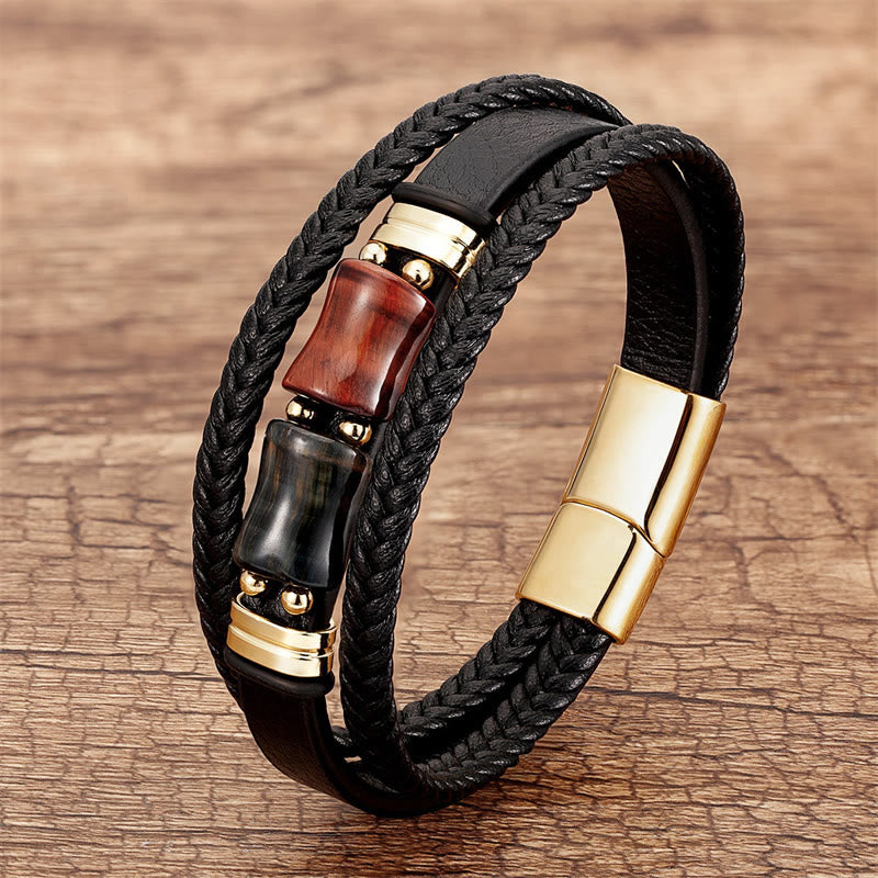 Buddha Stones Tigerauge Bambusstein Integrität Mut Mehrschichtiges Lederarmband - Braun-Rot-Schwarzes Tigerauge - 18-22 cm - image 9