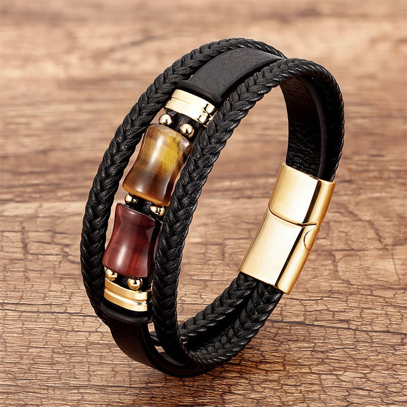 Buddha Stones Tigerauge Bambusstein Integrität Mut Mehrschichtiges Lederarmband - Gelb-Braun-Rotes Tigerauge - 18-22 cm - image 10
