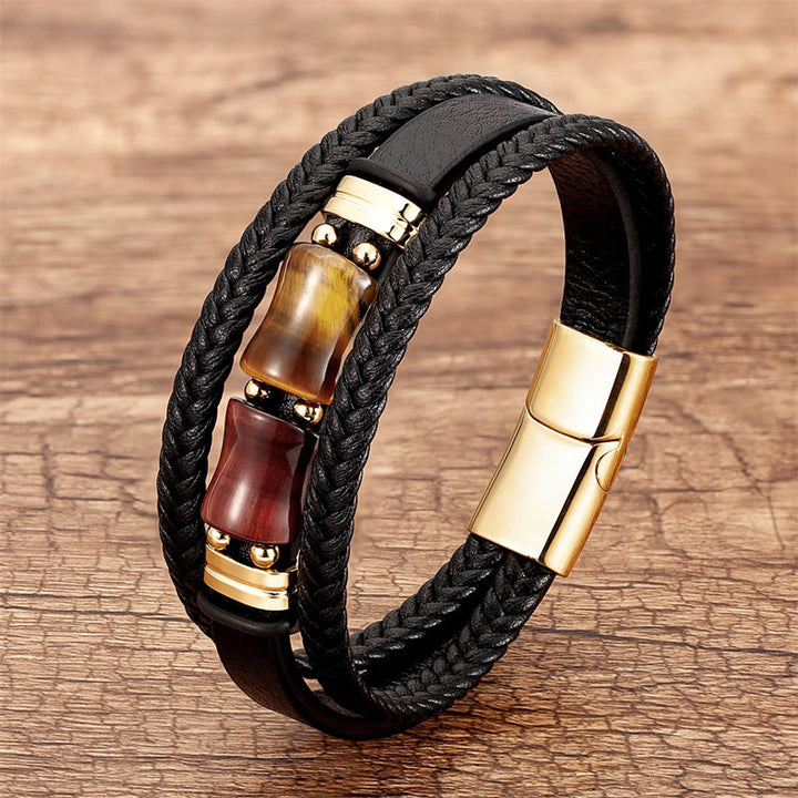 Buddha Stones Tigerauge Bambusstein Integrität Mut Mehrschichtiges Lederarmband - Gelb-Braun-Rotes Tigerauge - 18-22 cm - image 10