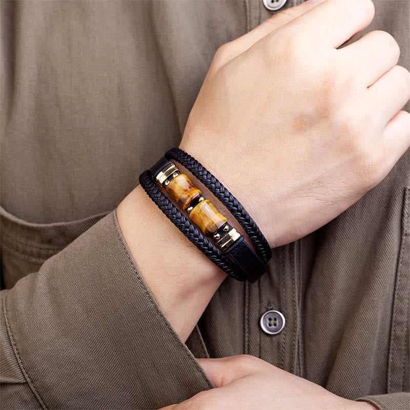Buddha Stones Tigerauge Bambusstein Integrität Mut Mehrschichtiges Lederarmband - image 2