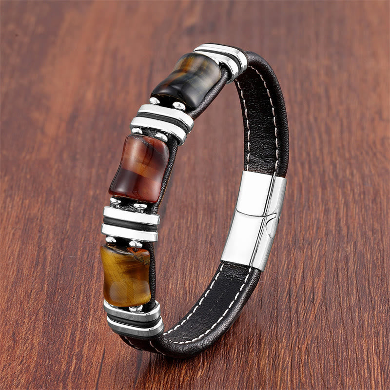Buddha Stones Tigerauge Drei Bambus Stein Schutz Kraft Lederarmband - Gelb-Braun-Rot-Schwarz Tigerauge-Silber - 18-22 cm - image 1