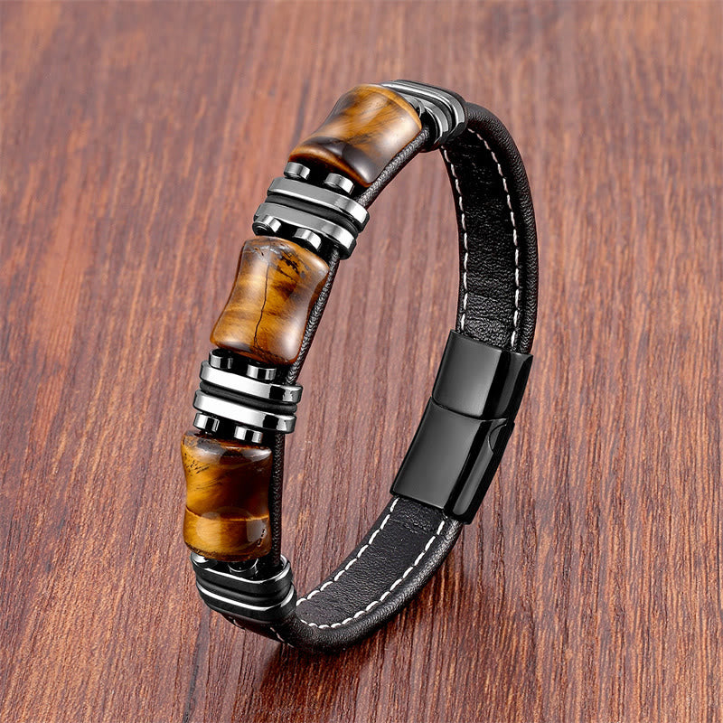 Buddha Stones Tigerauge Drei Bambus Stein Schutz Kraft Lederarmband - Gelbes Tigerauge-Schwarz - 18-22 cm - image 2