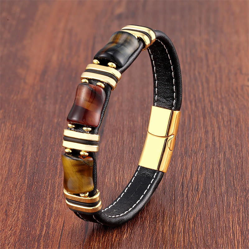 Buddha Stones Tigerauge Drei Bambus Stein Schutz Kraft Lederarmband - Gelb-Braun-Rot-Schwarz Tigerauge-Gold - 18-22 cm - image 3