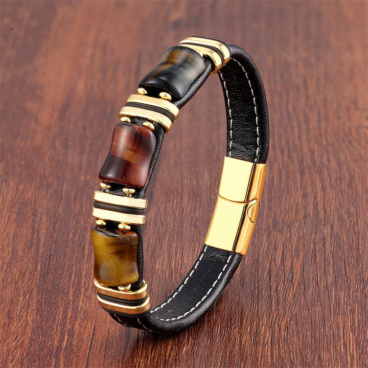 Buddha Stones Tigerauge Drei Bambus Stein Schutz Kraft Lederarmband - Gelb-Braun-Rot-Schwarz Tigerauge-Gold - 18-22 cm - image 3