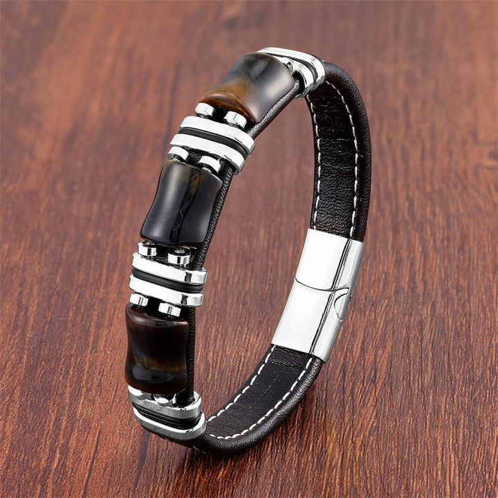 Buddha Stones Tigerauge Drei Bambus Stein Schutz Kraft Lederarmband - Gelb-Schwarzes Tigerauge-Silber - 18-22 cm - image 7