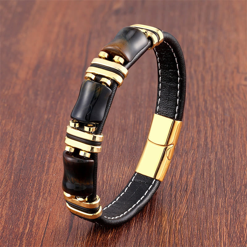 Buddha Stones Tigerauge Drei Bambus Stein Schutz Kraft Lederarmband - Gelb-Schwarzes Tigerauge-Gold - 18-22 cm - image 8