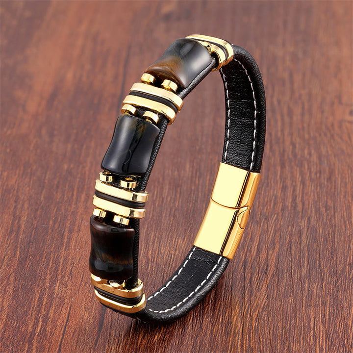 Buddha Stones Tigerauge Drei Bambus Stein Schutz Kraft Lederarmband - Gelb-Schwarzes Tigerauge-Gold - 18-22 cm - image 8