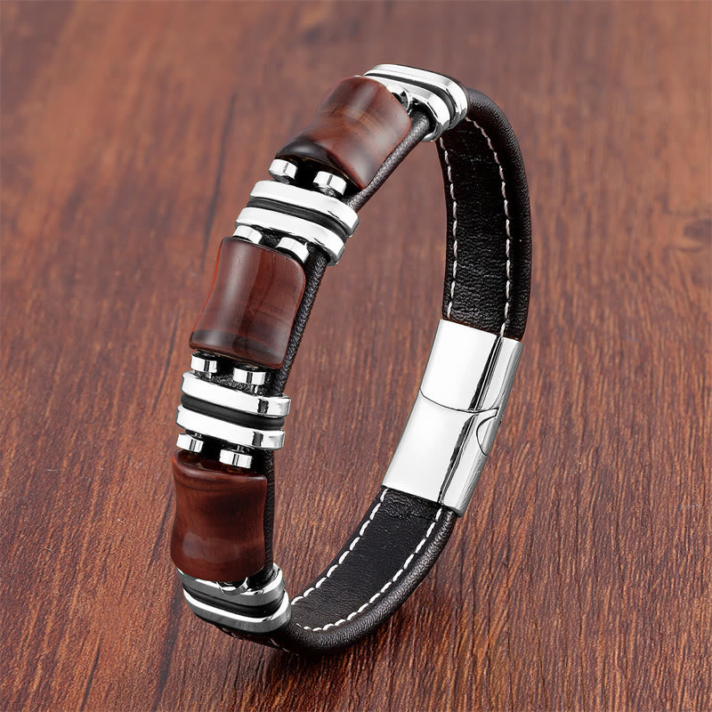 Buddha Stones Tigerauge Drei Bambus Stein Schutz Kraft Lederarmband - Braun-Rot Tigerauge-Silber - 21-22 cm - image 8