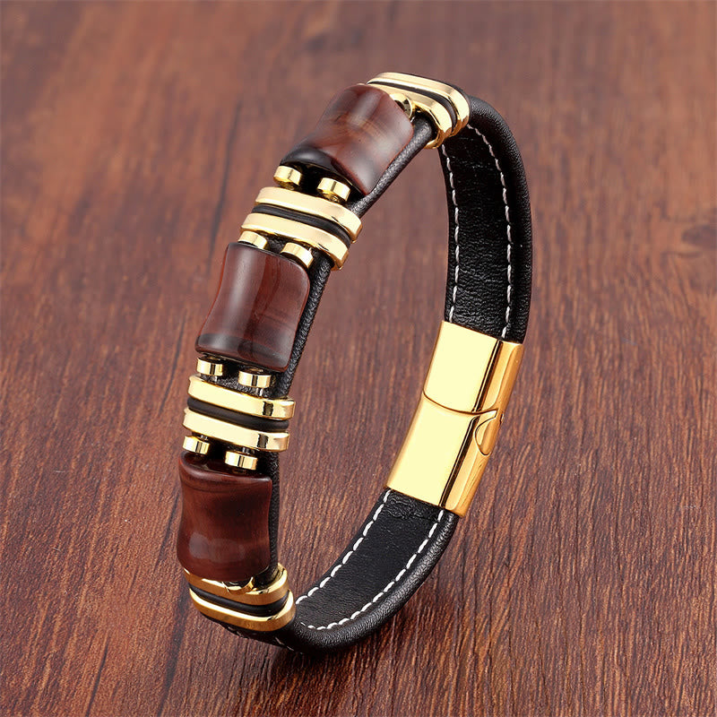 Buddha Stones Tigerauge Drei Bambus Stein Schutz Kraft Lederarmband - Braun-Rot Tigerauge-Gold - 21-22 cm - image 9