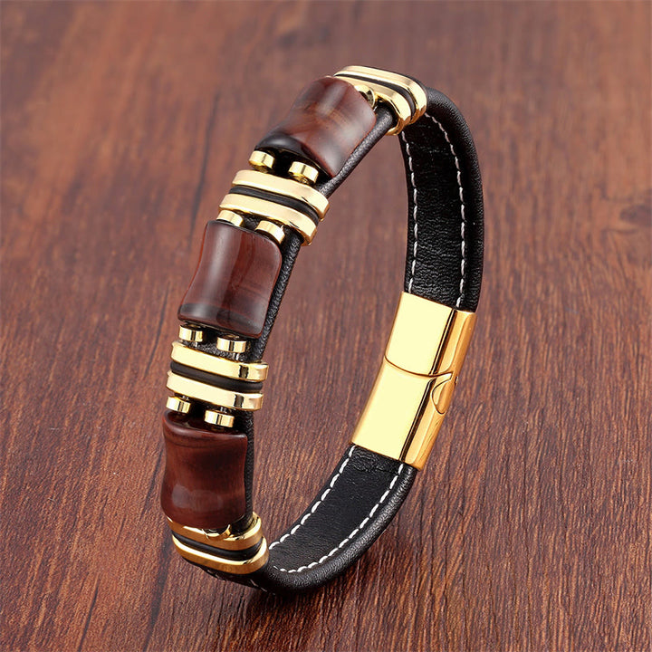 Buddha Stones Tigerauge Drei Bambus Stein Schutz Kraft Lederarmband - Braun-Rot Tigerauge-Gold - 21-22 cm - image 9