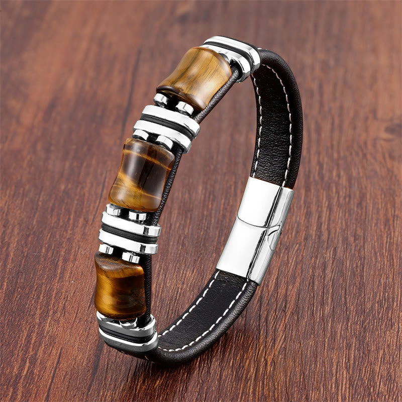 Buddha Stones Tigerauge Drei Bambus Stein Schutz Kraft Lederarmband - Gelbes Tigerauge-Silber - 18-22 cm - image 12