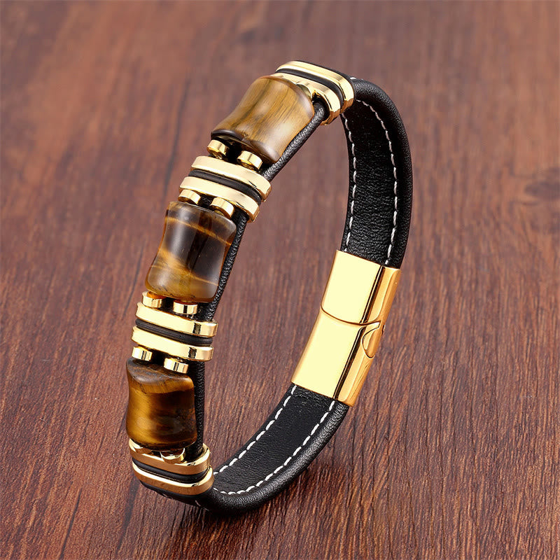 Buddha Stones Tigerauge Drei Bambus Stein Schutz Kraft Lederarmband - Gelbes Tigerauge-Gold - 18-22 cm - image 13