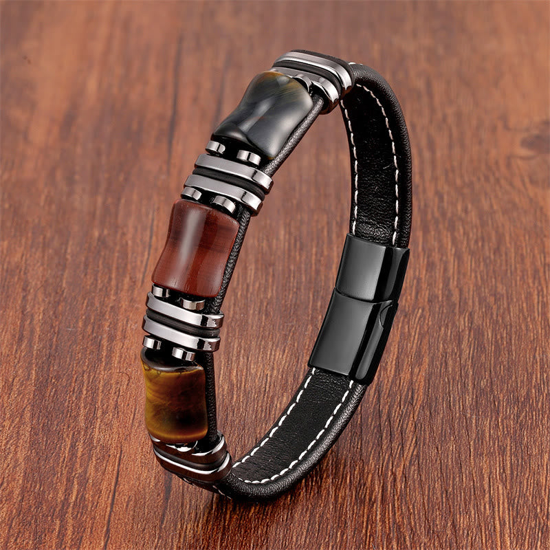 Buddha Stones Tigerauge Drei Bambus Stein Schutz Kraft Lederarmband - Gelb-Braun-Rot-Schwarz Tigerauge-Schwarz - 21-22 cm - image 15