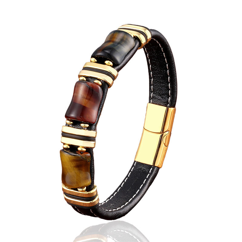 Buddha Stones Tigerauge Drei Bambus Stein Schutz Kraft Lederarmband - image 3