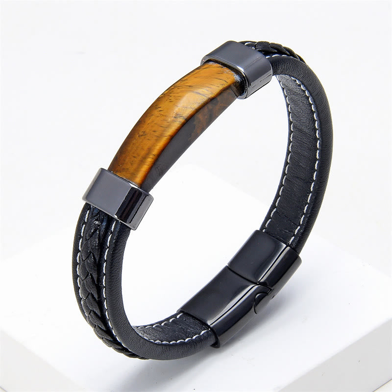 Buddha Stones , Lazurit, Tigerauge, Rhodonit, Hämatit, schwarzer Onyx, Balance-Lederarmband - Tigerauge - 18-22 cm - image 4