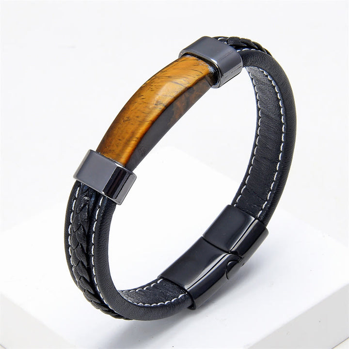 Buddha Stones , Lazurit, Tigerauge, Rhodonit, Hämatit, schwarzer Onyx, Balance-Lederarmband - Tigerauge - 18-22 cm - image 4