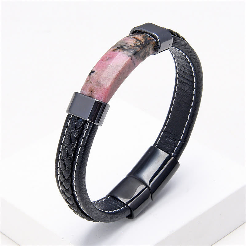 Buddha Stones , Lazurit, Tigerauge, Rhodonit, Hämatit, schwarzer Onyx, Balance-Lederarmband - Rhodonit - 18-22 cm - image 6