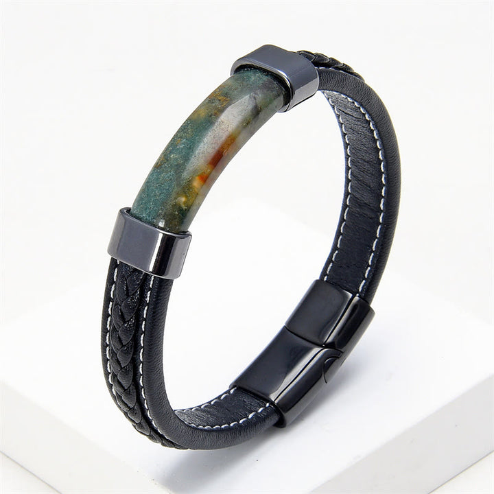 Buddha Stones , Lazurit, Tigerauge, Rhodonit, Hämatit, schwarzer Onyx, Balance-Lederarmband