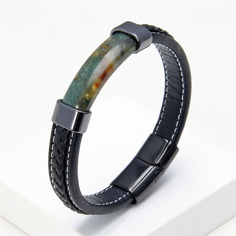 Buddha Stones , Lazurit, Tigerauge, Rhodonit, Hämatit, schwarzer Onyx, Balance-Lederarmband - Grüner Achat - 18-22 cm - image 16