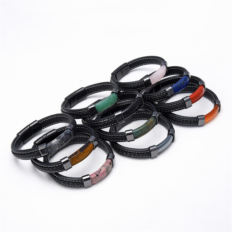 Buddha Stones , Lazurit, Tigerauge, Rhodonit, Hämatit, schwarzer Onyx, Balance-Lederarmband - image 2