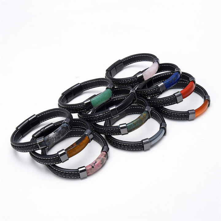 Buddha Stones , Lazurit, Tigerauge, Rhodonit, Hämatit, schwarzer Onyx, Balance-Lederarmband - image 2