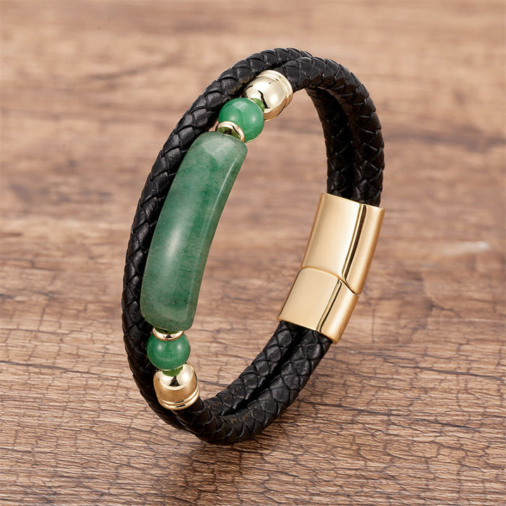 Buddha Stones Grüner Aventurin Tigerauge Grüner Achat Schwarzer Onyx Hämatit Stein Glücksleder Armband mit Magnetschnalle