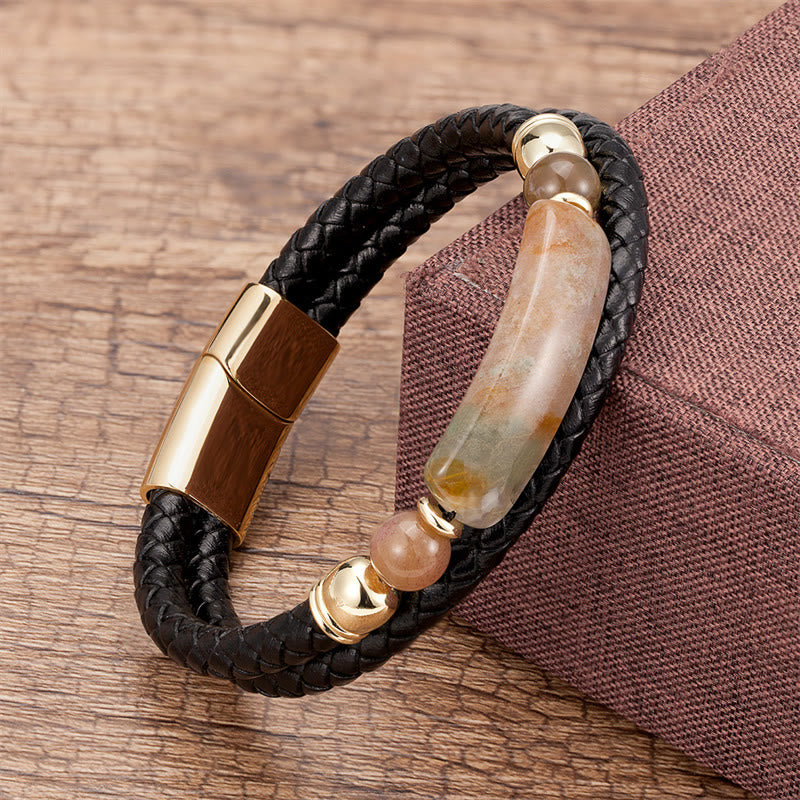 Buddha Stones Grüner Aventurin Tigerauge Grüner Achat Schwarzer Onyx Hämatit Stein Glücksleder Armband mit Magnetschnalle - Gold - Achat - 18-22 cm - image 7