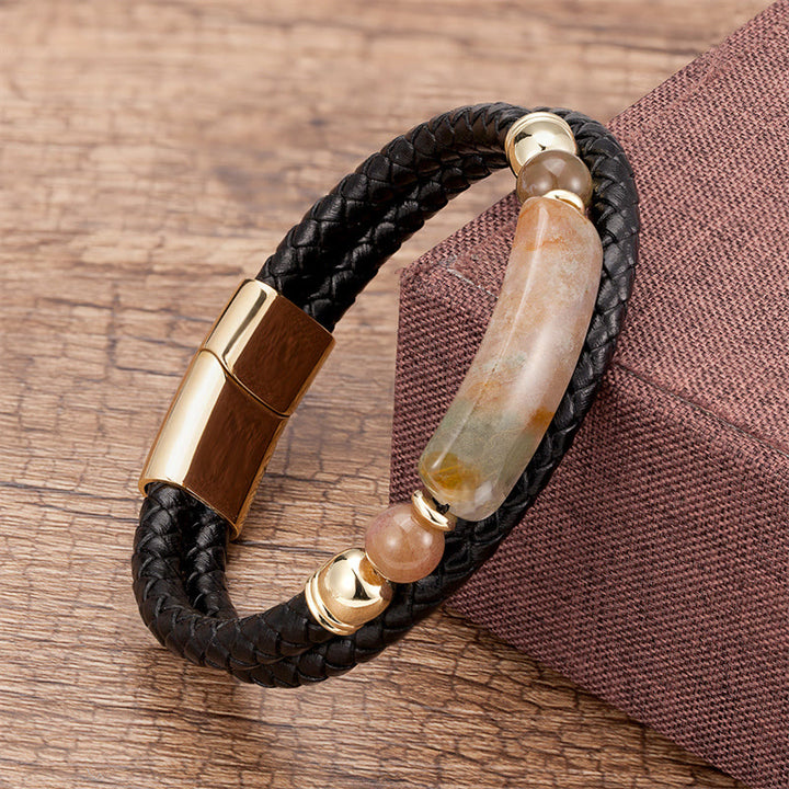 Buddha Stones Grüner Aventurin Tigerauge Grüner Achat Schwarzer Onyx Hämatit Stein Glücksleder Armband mit Magnetschnalle - Gold - Achat - 18-22 cm - image 7
