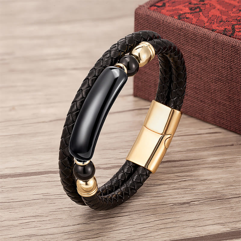 Buddha Stones Grüner Aventurin Tigerauge Grüner Achat Schwarzer Onyx Hämatit Stein Glücksleder Armband mit Magnetschnalle - Gold - Schwarzer Onyx - 18-22 cm - image 9