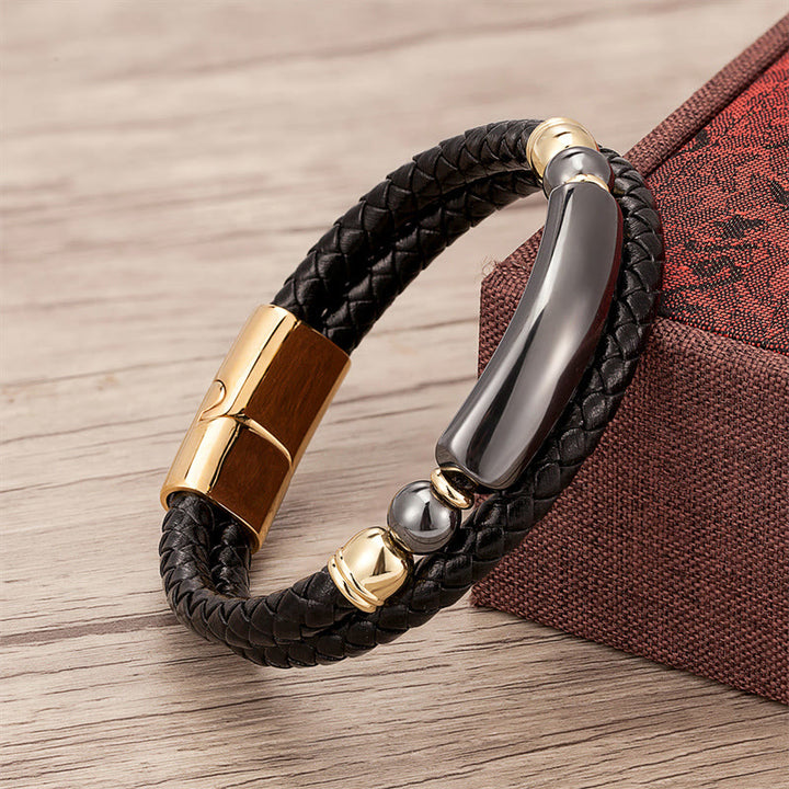 Buddha Stones Grüner Aventurin Tigerauge Grüner Achat Schwarzer Onyx Hämatit Stein Glücksleder Armband mit Magnetschnalle - Gold - Hematit - 18-22 cm - image 17