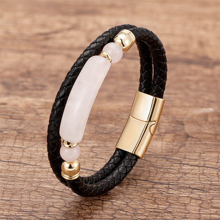 Buddha Stones Grüner Aventurin Tigerauge Grüner Achat Schwarzer Onyx Hämatit Stein Glücksleder Armband mit Magnetschnalle - Gold - Rosenquarz - 18-22 cm - image 24
