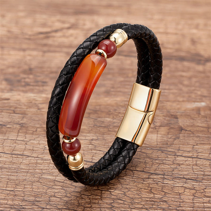 Buddha Stones Grüner Aventurin Tigerauge Grüner Achat Schwarzer Onyx Hämatit Stein Glücksleder Armband mit Magnetschnalle - Gold - Roter Achat - 18-22 cm - image 27