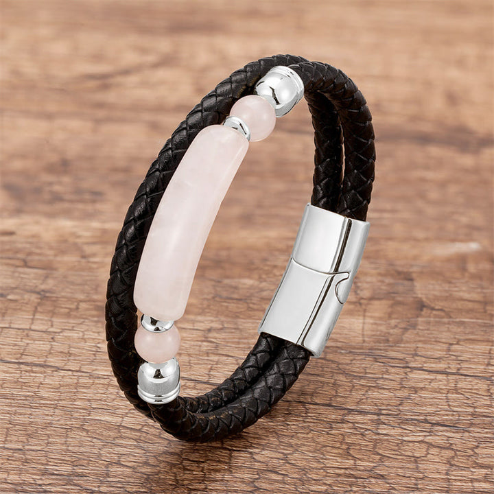 Buddha Stones Grüner Aventurin Tigerauge Grüner Achat Schwarzer Onyx Hämatit Stein Glücksleder Armband mit Magnetschnalle - Silber - Rosenquarz - 18-22 cm - image 24