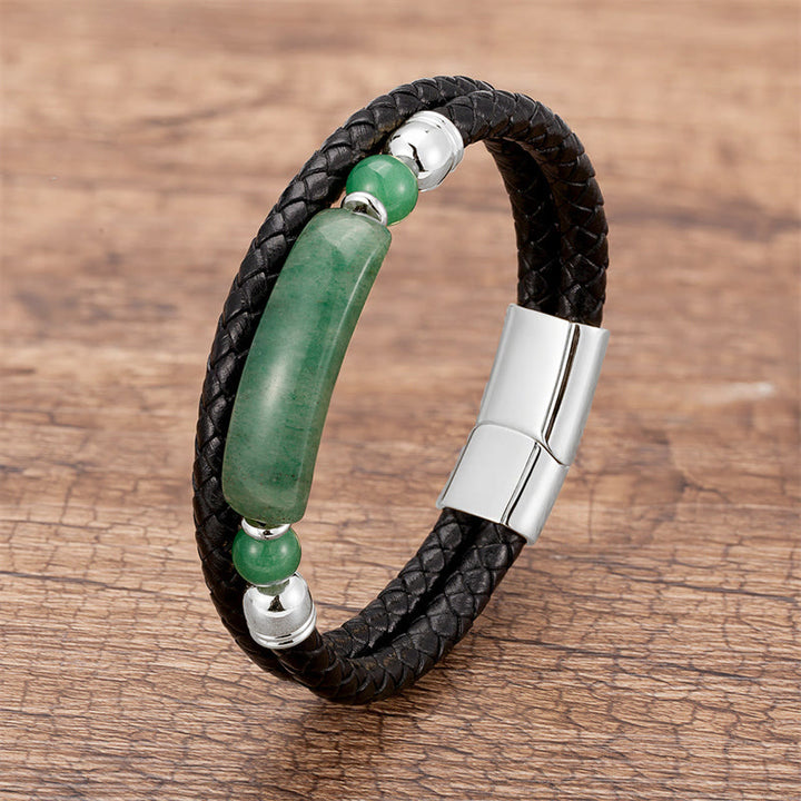 Buddha Stones Grüner Aventurin Tigerauge Grüner Achat Schwarzer Onyx Hämatit Stein Glücksleder Armband mit Magnetschnalle